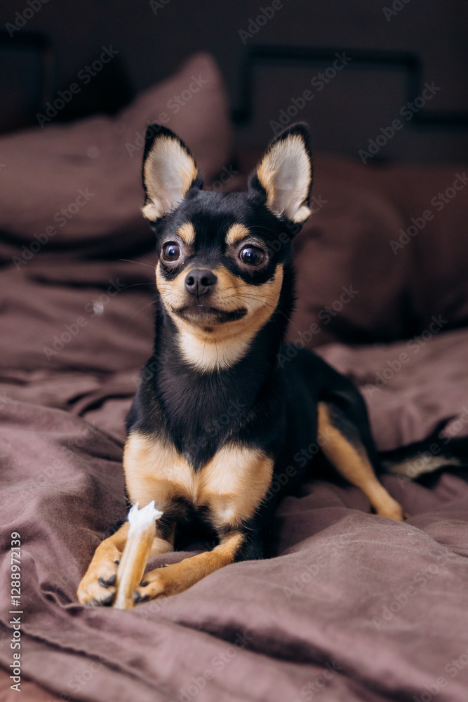 Amazing dog sitting under a blanket on the bed. Beautiful chihuahua. Amazing dog sitting under a blanket on the bed. Beautiful chihuahua.