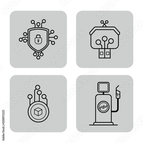 Four line icons of key concepts in cryptocurrency. Shield symbolizing security, plug for connectivity, cube representing blockchain, and gas pump indicating utility