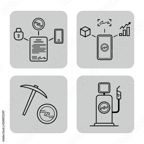 Collection of cryptocurrency-themed icons illustrating core concepts. Security, mining, transactions, and asset growth. Digital finance ecosystem concept