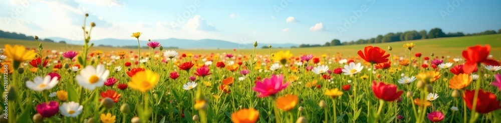 A field of blooming wildflowers stretching to the horizon, blooming flowers, wildflowers A field of blooming wildflowers stretching to the horizon, blooming flowers, wildflowers