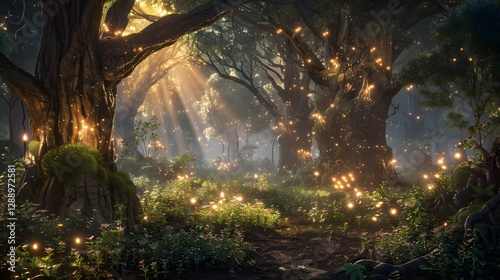 Illustration of A dense forest being regenerated by a team of eco-warriors, saplings growing rapidly under a magical aura, with ancient trees in the background whispering secrets of the past.
