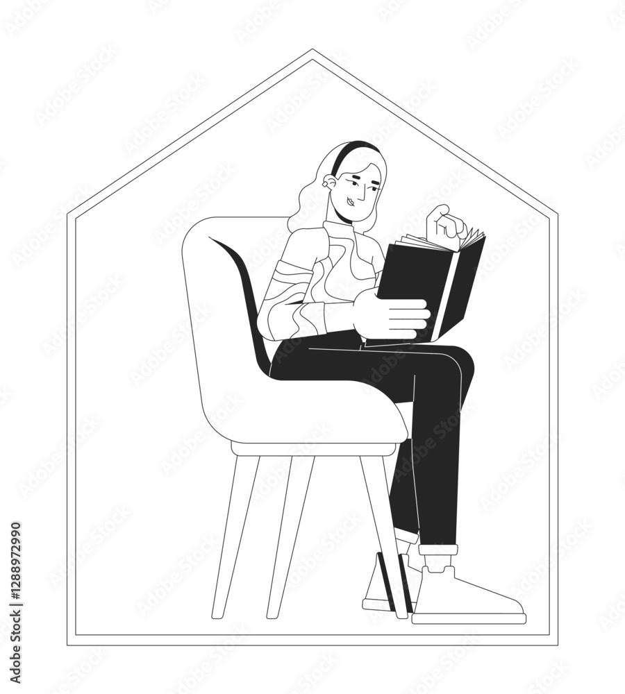 Blonde woman relaxing with book in cozy armchair at home black and white 2D line character. Reading time. Mindful living. Homebody isolated vector outline person. Monochromatic spot illustration Blonde woman relaxing with book in cozy armchair at home black and white 2D line character. Reading time. Mindful living. Homebody isolated vector outline person. Monochromatic spot illustration