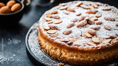 A Spanish almond cake, made with ground almonds, eggs, and sugar, topped with a dusting of powdered sugar and served as a sweet treat.