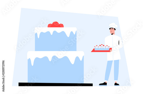 Pastry Chef Holding a Tray of Desserts Near a Large Cake in Flat Vector Illustration Symbolizing Baking, Patisserie, Culinary Art, and Sweet Treats, Isolated on White Background