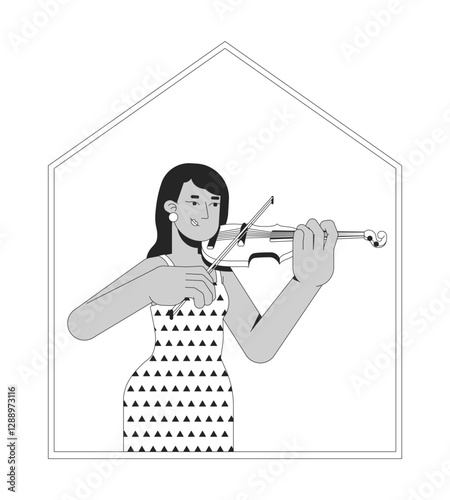 Indian woman playing violin in home black and white 2D line character. Female violinist musical string instrument indoors. Homebody isolated vector outline person. Monochromatic spot illustration