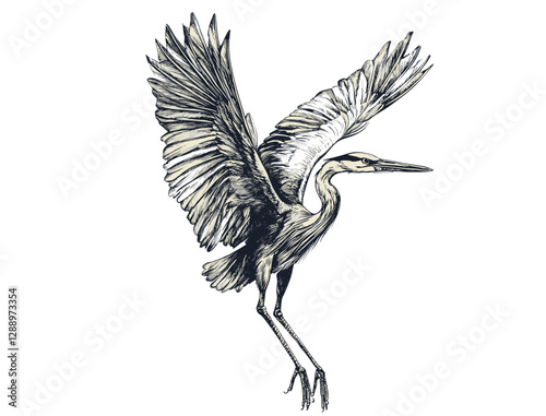Hand-drawn heron in old engraving style, black sketch effect, aquatic animal illustration, vintage art, wildlife vector, rodent art, antique style print design, nature decor.