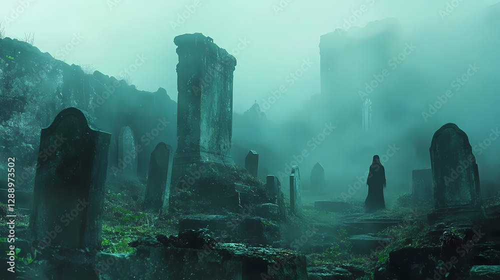 Haunted graveyard with shadowy figures, dense fog rolling through, crumbling tombstones, high detail, chilling and gothic ambiance. Shadowy Figure in Fog. Illustration Haunted graveyard with shadowy figures, dense fog rolling through, crumbling tombstones, high detail, chilling and gothic ambiance. Shadowy Figure in Fog. Illustration