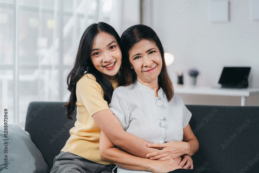 Cheerful spending time together of asian daughter hugging her mother laughing embracing happy senior aged mom having fun at living room home Cheerful spending time together of asian daughter hugging her mother laughing embracing happy senior aged mom having fun at living room home
