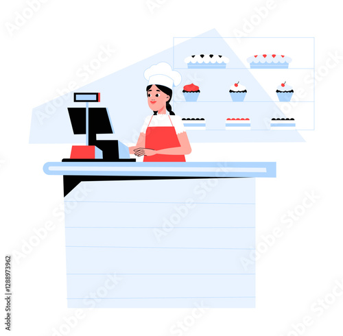 Female Baker Working at a Bakery Counter in Flat Vector Illustration Symbolizing Pastry Business, Retail, and Customer Service, Isolated on White Background