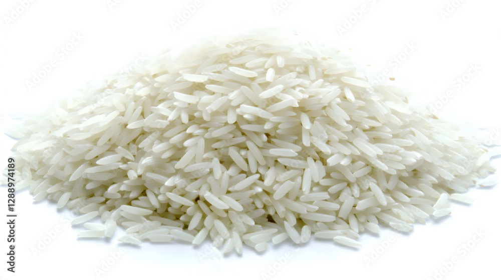 Close-Up of a Heap of Uncooked White Rice Against a Clean White Background Close-Up of a Heap of Uncooked White Rice Against a Clean White Background