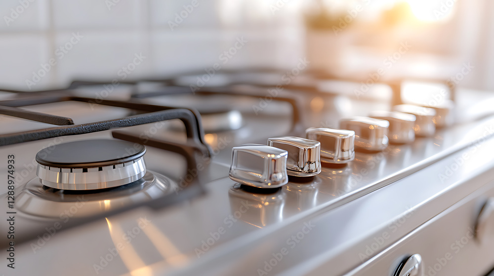 Close-up of a sleek gas stove with reflective knobs and black grates, showcasing a modern kitchen appliance. Sunlight adds a warm glow to the clean surface. Close-up of a sleek gas stove with reflective knobs and black grates, showcasing a modern kitchen appliance. Sunlight adds a warm glow to the clean surface.