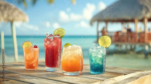 Bartender mezclando cócteles en una playa tropical durante una tarde soleada photo