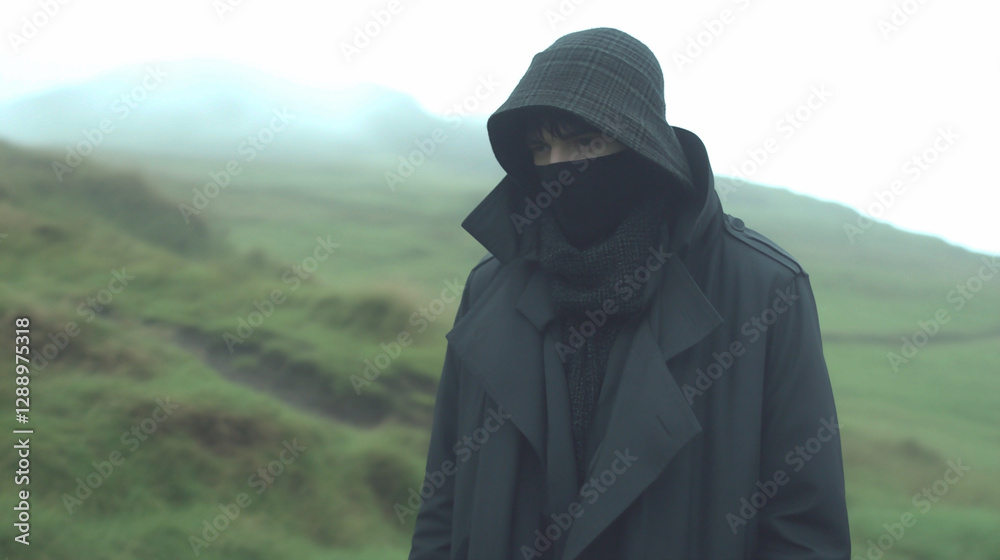 Mysterious Person in Dark Clothing Standing in a Foggy Green Hilly Landscape Mysterious Person in Dark Clothing Standing in a Foggy Green Hilly Landscape