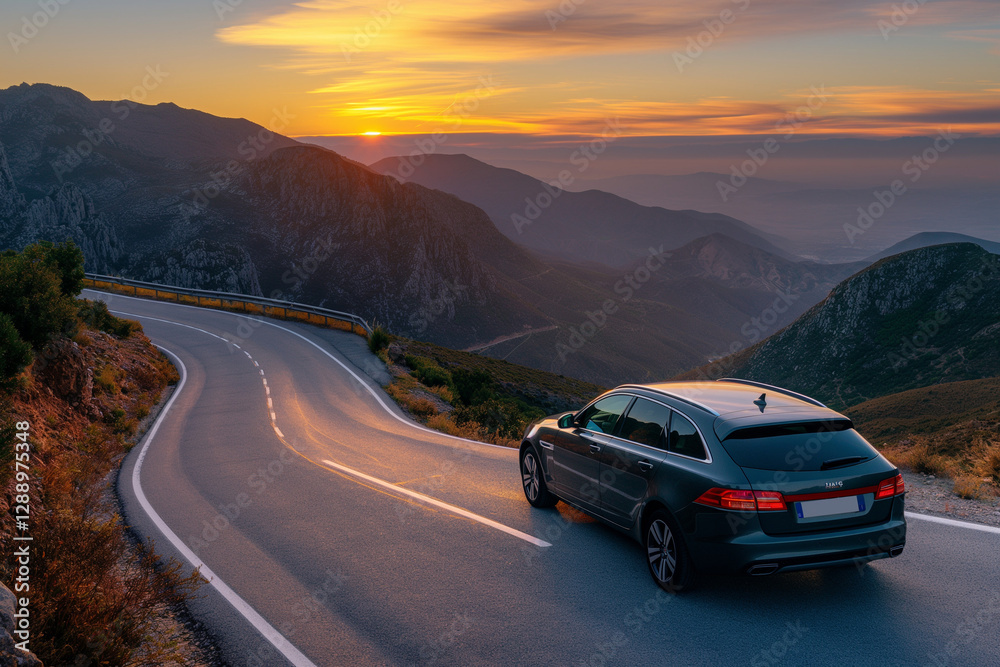 A rental car parked on a winding mountain road in Spain during a breathtaking sunset A rental car parked on a winding mountain road in Spain during a breathtaking sunset