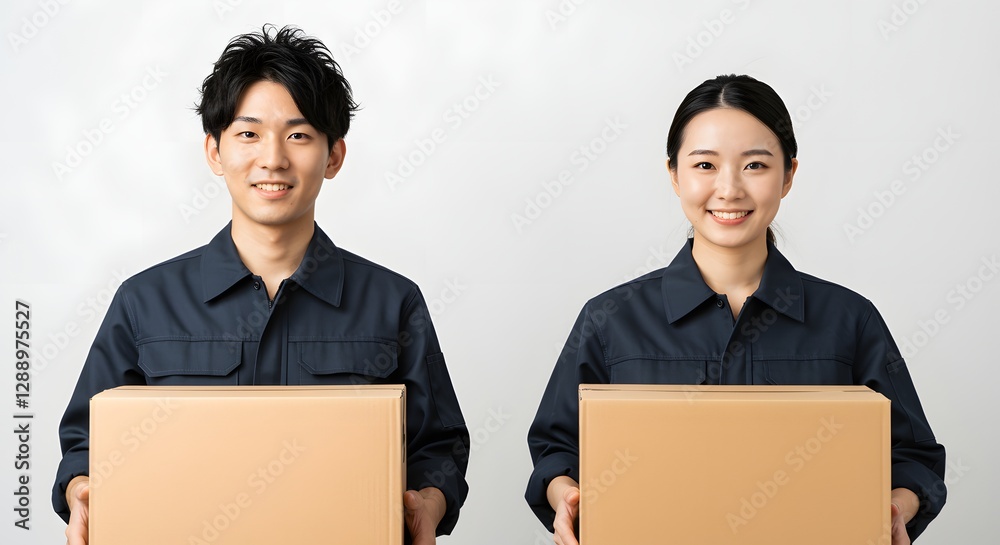 Smiling Delivery Workers Holding Cardboard Boxes in Uniform Smiling Delivery Workers Holding Cardboard Boxes in Uniform