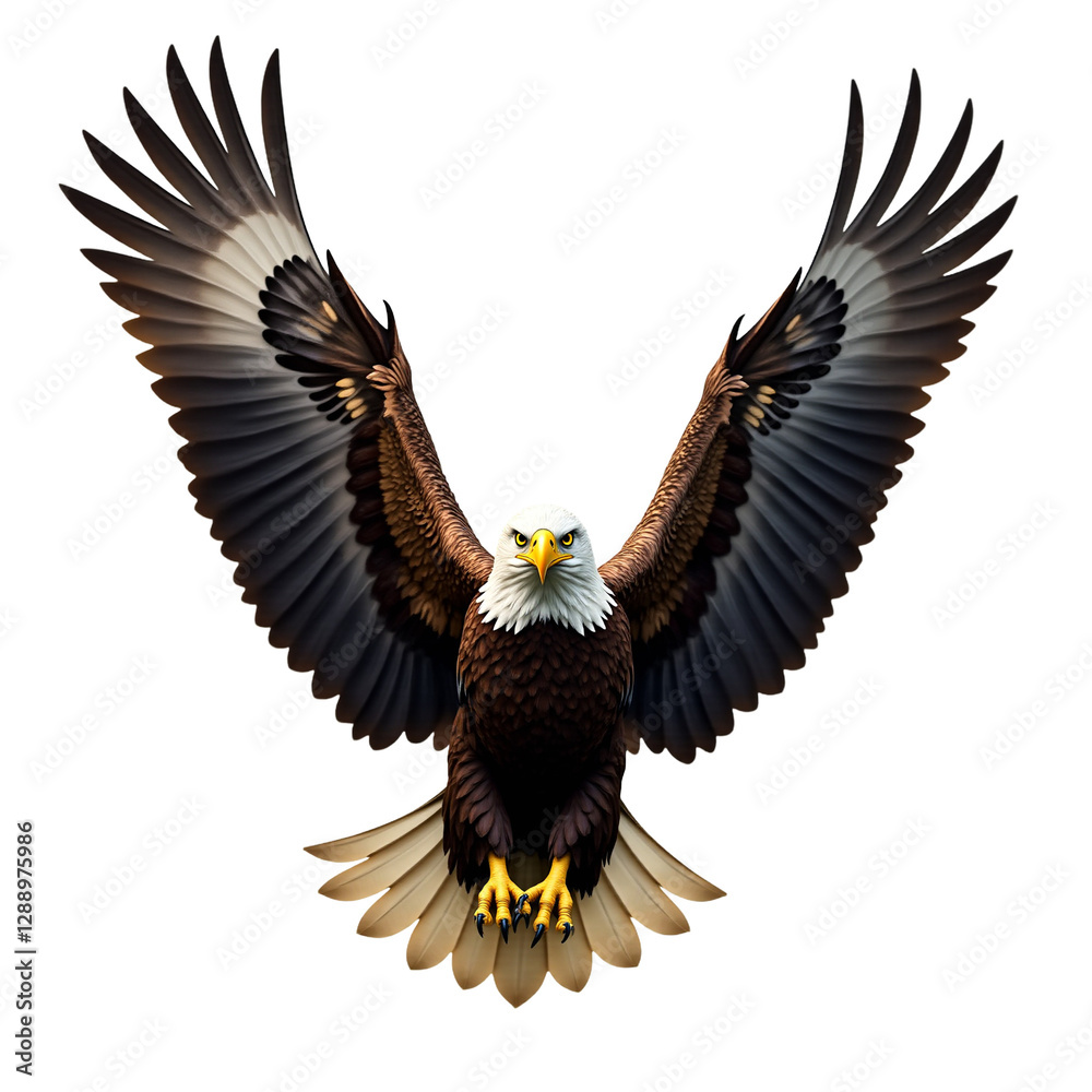 Fototapeta premium Majestic bald eagle soaring with extended wings. Hyperrealistic digital painting isolated on transparent background. Powerful symbol of freedom, strength and dominance for patriotic and business...