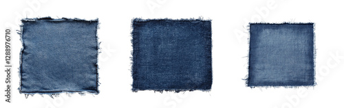 Denim square patch with frayed edges isolated on white or transparent background
