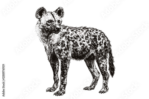 Hand-drawn hyena vector illustration, black sketch effect, vintage art, predator in the savanna, antique style, wildlife print design, scavenger, wild animal art, wildlife illustration.