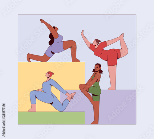 Diverse group of women practicing yoga in different poses. Wellness, balance, and mindfulness workout. Strength, flexibility, and relaxation for mental health. Indoor fitness. Flat vector illustration