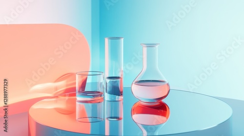 Laboratory glassware on mirror surface against light blue background