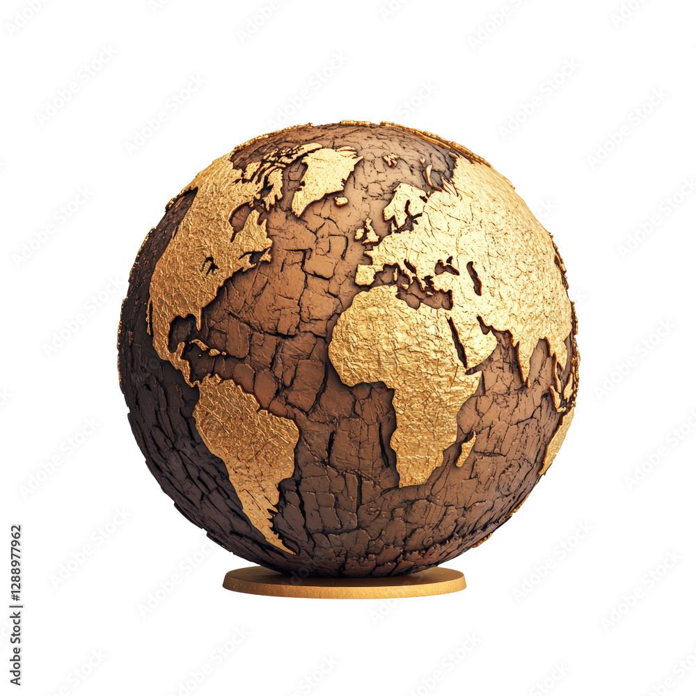 Gold and black globe on black background with geographical details and textured surface isolated on transparent background.. Gold and black globe on black background with geographical details and textured surface isolated on transparent background..