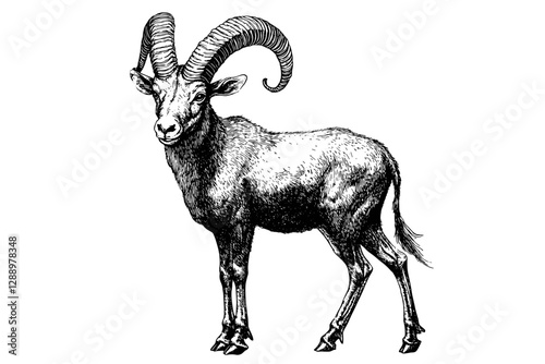 Black sketch hand-drawn ibex, mountain goat illustration, vintage wildlife art, trendy vector print, wild animal, antique style design.