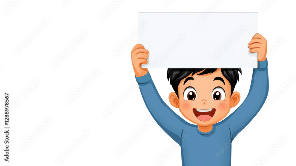 Cheerful and enthusiastic young boy holding up a blank white sign or paper with a positive celebratory expression on his face in a studio setting Cheerful and enthusiastic young boy holding up a blank white sign or paper with a positive celebratory expression on his face in a studio setting