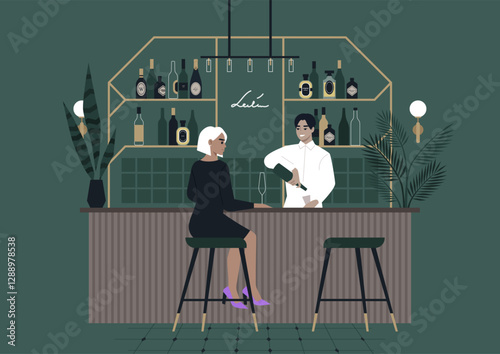 A charismatic bartender interacts playfully with a chic patron dressed in black, Their chemistry is palpable amidst the ambient glow and sophisticated decor of the upscale venue