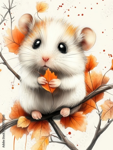 Cute hamster on autumn leave branches, watercolor style