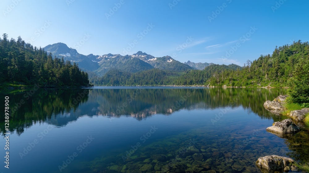 Serene Mountain Landscape with Clear Blue Lake and Reflections under Bright Blue Sky Serene Mountain Landscape with Clear Blue Lake and Reflections under Bright Blue Sky