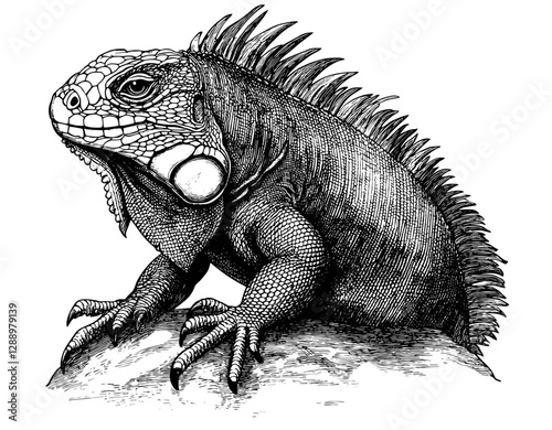 Hand-drawn iguana, old engraving style, black sketch effect, vintage art, animal print, trendy illustration, white background, wildlife sketch, retro art.