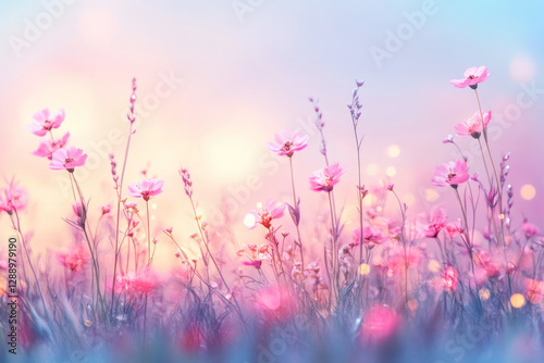 Beautiful multicolored spring meadow background with delicate wild flowers and bokeh lights 