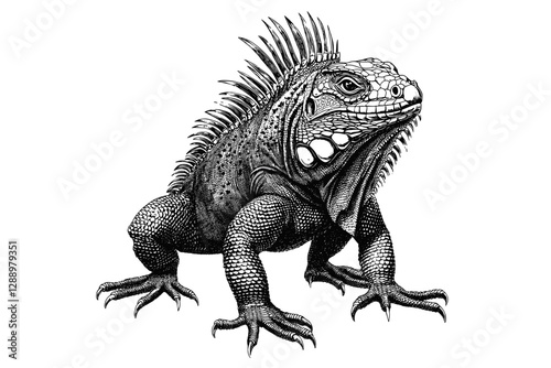 Animal print illustration of a hand-drawn iguana, black sketch effect, vintage art, trendy, white background, old engraving, wildlife decor, retro style.