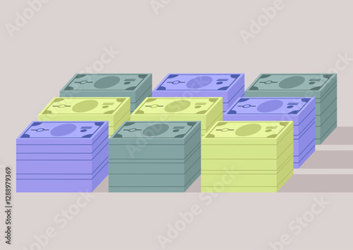 Nine distinct stacks of cash arranged in an eye-catching manner, showcasing an array of colors that symbolize prosperity and ambition in a minimalist environment