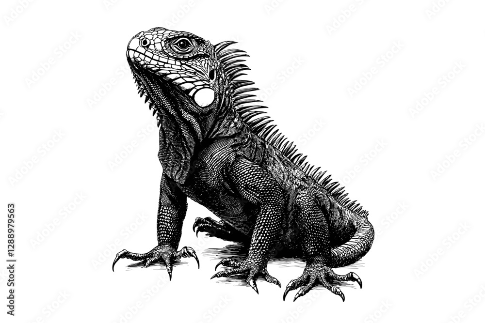 Fototapeta premium Animal print in vintage art style, hand-drawn iguana, black sketch effect, trendy illustration, old engraving, white background, retro design, wildlife art.