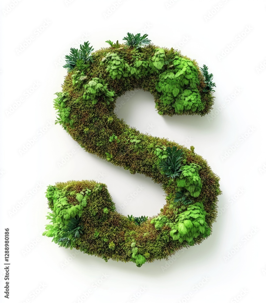 English letter S of the latin alphabet made from green stabilized moss isolated on white background. Capital letters made from green moss or grass. Eco nature design element English letter S of the latin alphabet made from green stabilized moss isolated on white background. Capital letters made from green moss or grass. Eco nature design element