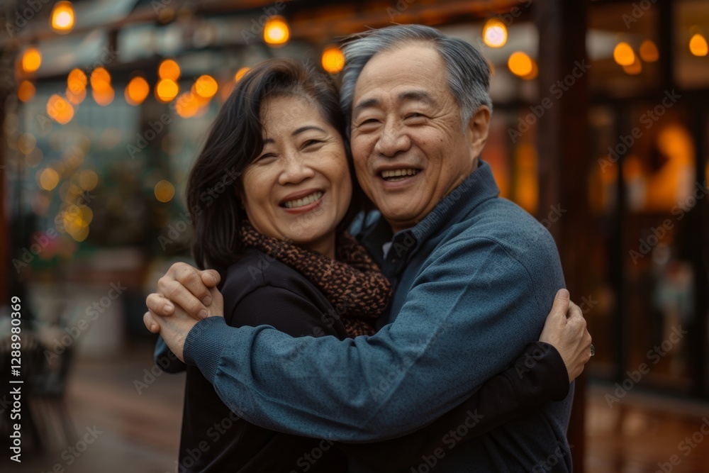 Portrait of a smiling asian couple in their 50s dancing together Portrait of a smiling asian couple in their 50s dancing together