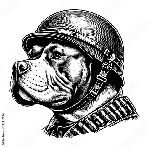 pitbull dog wear vintage soldier helmet engraving black and white outline. Scratch board imitation.
