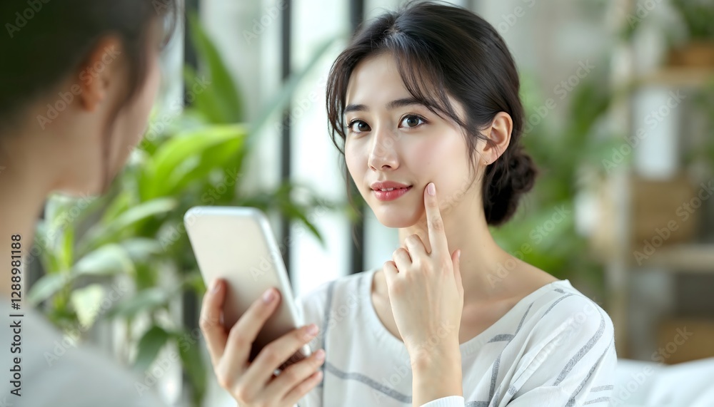 Young Woman Examining Skin Condition Using Hand Mirror Indoors Young Woman Examining Skin Condition Using Hand Mirror Indoors