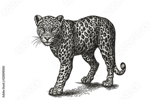 Hand-drawn jaguar wildlife illustration, vintage animal art, black sketch effect, trendy wall decor, old engraving style, white background, nature decor, wild cat art, jungle print.