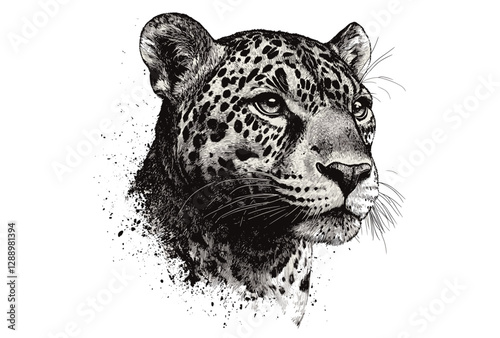 Vintage animal art, hand-drawn jaguar wildlife illustration, black sketch effect, old engraving style, trendy wall decor, wild cat decor, white background, jungle wall art, nature print.
