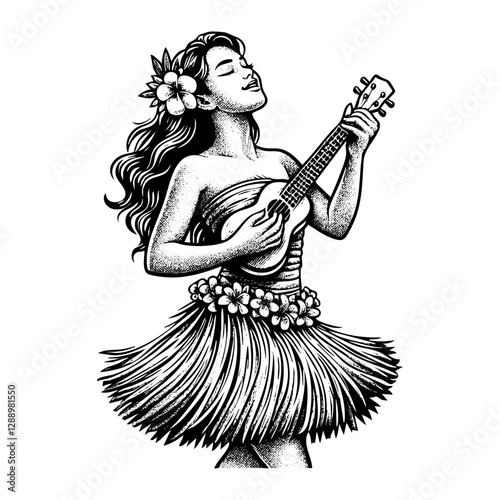 Hula dancer while play ukulele sketch engraving black and white outline. Scratch board imitation.
