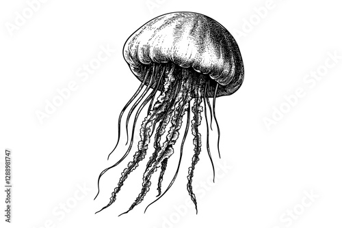 Old engraving style, vintage art, hand-drawn jellyfish, black sketch effect, animal print, trendy illustration, aquatic creatures, sea life, ocean art.
