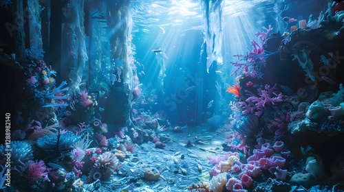 Illustration of A dreamy underwater palace made entirely of sculpted plastic waste, illuminated by soft, ambient light filtering through the water. Ai Generate.
