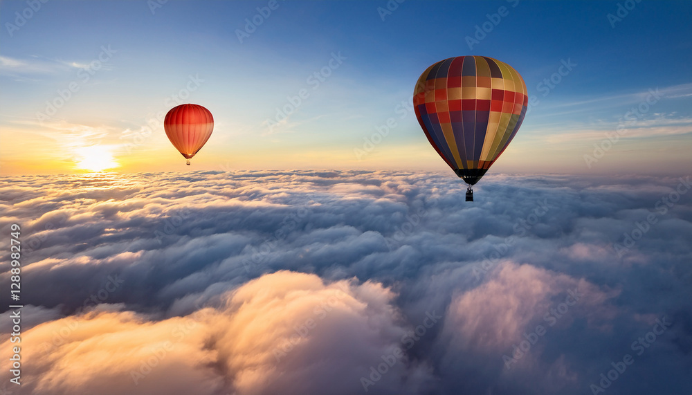 Bonito paisaje aereo con globos aerostáticos de colores volando sobre nubes y montañas Bonito paisaje aereo con globos aerostáticos de colores volando sobre nubes y montañas