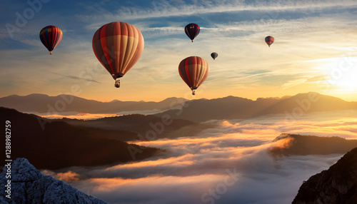 Bonito paisaje aereo con globos aerostáticos de colores volando entre nubes y montañas para decoración mural, portadas de viaje y comunicación turismo ibertad, sueños, esperanza, superación