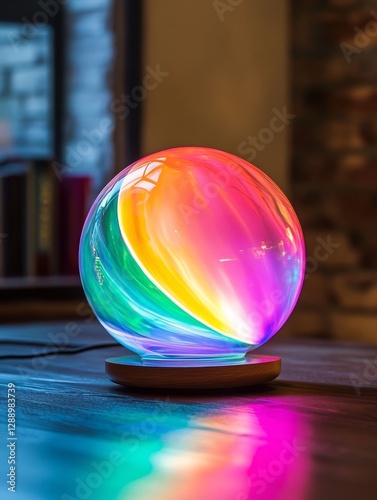 Colorful Sphere Lamp on Wooden Base - A vibrant sphere lamp emits multicolored light, sitting on a sleek wooden base. Perfect for modern decor