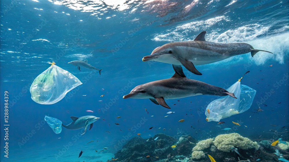 Obraz premium Dolphins navigating a polluted underwater environment