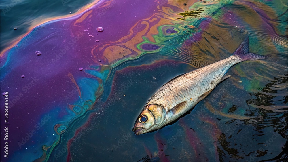 Fototapeta premium Fish floating in polluted water with oil slick reflections