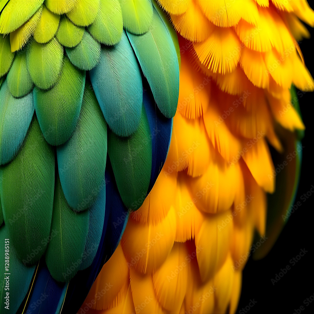 Obraz premium vibrant parrot feathers in extreme close-up displaying iridescent colors intricate textures and natural patterns